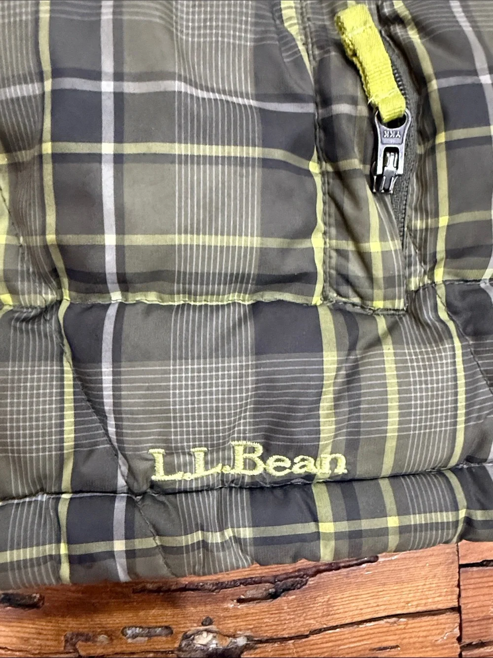 L.L. Bean Green Plaid Kids Hooded Puffer with Lime Accents Size 4T